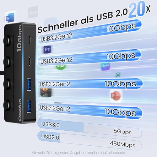 Qeefun 4-Port USB 3.2 Hub with 2 USB-C and 2 USB-A Ports, Individual LED Power Switches,10Gbps Data Transfer USB Splitter with 4ft Extension Cable, Multiple USB Extender for Laptop, PC, iMac etc