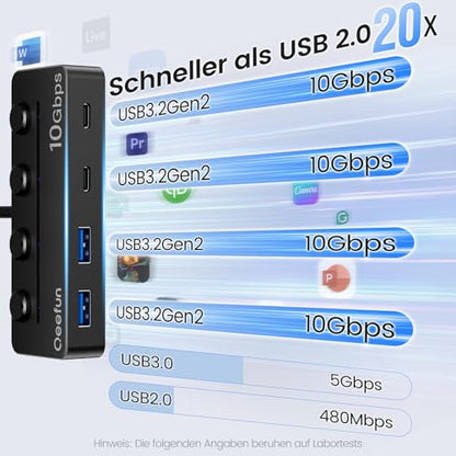 Qeefun 4-Port USB 3.2 Hub with 2 USB-C and 2 USB-A Ports, Individual LED Power Switches,10Gbps Data Transfer USB Splitter with 4ft Extension Cable, Multiple USB Extender for Laptop, PC, iMac etc