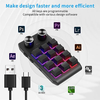 Multifunctional Macro Mechanical Keyboard With 12 Customizable Keys 2 Knobs - One-Handed RGB Gaming Keypad Programmable Ultra-Thin Mechanical Keyboard With 12 Programmable Keys And RGB Backlighting