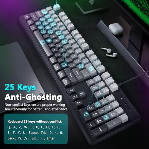 HUO JI Wired Gaming Keyboard with RGB LED Backlit, Floating Keys, Membrane with Mechanical Feeling, Spill Resistant, Ergonomic for Xbox, PS Series, Desktop, Computer, PC, Gradient Gray - color: Grey