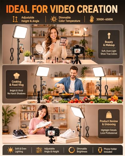 Torjim 12 Inch Video Light Kit for Creators, 30W High Brightness Studio Lights with Tripod Stand & Phone Holder, 3000-6500K Adjustable Photography Lighting for Clearer YouTube Streaming Home Studio - size: 12 inch