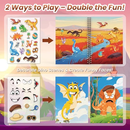 Dinosaur Reusable Sticker Book for Toddlers, DIY Make-a-face Jelly Stickers | Make A Face & Scene Decoration Play, Washable and Reusable Jelly Stickers, Portable Travel Friendly, Airplane Trip Essentials - style: Dinosaur