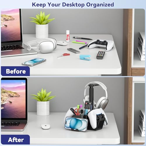 KDD Dual Controller Holder with Headphone Stand - Multi-Functional Desk Storage Box with Phone Holder - Universal Controller Stand with Desktop Organizer for Remote Control Pen Accessories(Black)