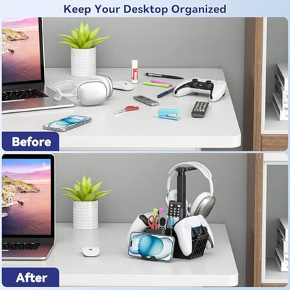 KDD Dual Controller Holder with Headphone Stand - Multi-Functional Desk Storage Box with Phone Holder - Universal Controller Stand with Desktop Organizer for Remote Control Pen Accessories(Black)