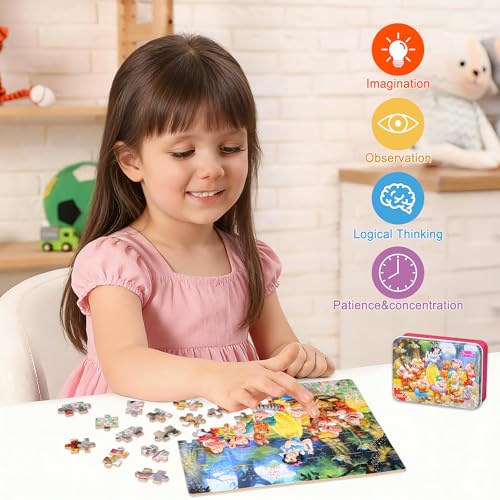 Puzzles for Kids Ages 4-8,Kids Puzzle in a Metal Box,Snow Princess Small Puzzles,Children Boys Girls Learning Educational Puzzle Packed in Tin Box,100 Pieces - color: Snow Princess
