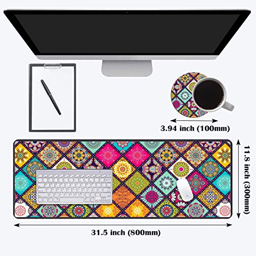 Desk Pad Mat Gaming Mouse Pads with Coasters Set, Stitched Edges Design Mouse Pad XXL Large Mouse Pad for Laptop Computers Flower Mandala Desk Writing Mat for Office & Home 31.5"x 11.8" - color: Flower Mandala