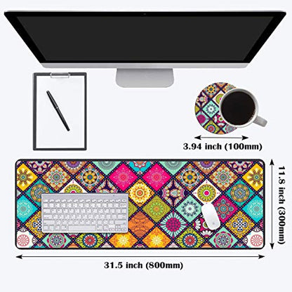 Desk Pad Mat Gaming Mouse Pads with Coasters Set, Stitched Edges Design Mouse Pad XXL Large Mouse Pad for Laptop Computers Flower Mandala Desk Writing Mat for Office & Home 31.5"x 11.8" - color: Flower Mandala