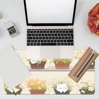 Desk Pad, Cute Cat Potted Plant Desk Mat, Anime Kawaii Cat Large Gaming Mouse Pad for Desk, 31.5"x15.7" Extended Big Computer Keyboard Mouse Pad with Non-Slip Base and Stitched Edge - color: Cute Cat Potted Plant