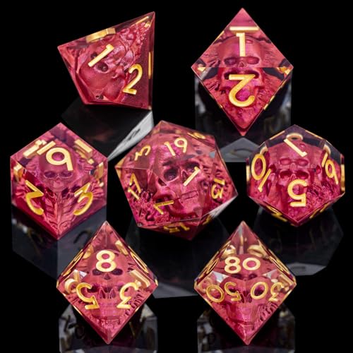DND Skull Dice Set 7PCS Necromancer Polyhedral Dice for Dungeons Dragons RPG Role Playing Game, Resin Sharp Edged D and D Dice with Gift Box D6 D8 D10 D12 D20 (Red) - color: Red&gold