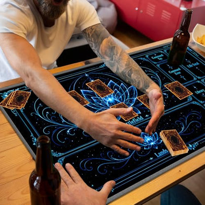 Playmat for MTG with Zones, 24 x 14 Inch Card Game Mat, Stitched Edges, Non Slip Rubber Base, 2mm Washable Play Mat with Storage Bag, Lotus Flower Design, Blue Color - color: Blue