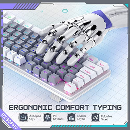 RisoPhy Wireless Mechanical Keyboard, Triple Mode 2.4G/USB-C/Bluetooth Gaming Keyboard, 104 Keys Programmable, Customize RGB Backlit, Red Switch, Bicolor PBT Keycaps, Rechargeable Wired for Laptop PC - color: Grey