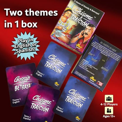 Yo Sabo Gossip and Betrayal (Chisme y Traición) Games | All-in-One Social Deduction Card Game | 2 Themes & 4 Decks Inside in Full English & Spanish | Party Game for Ages 13+, 4-12 Players