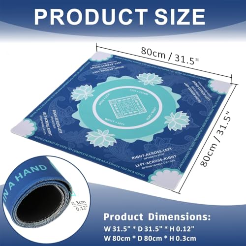 Mahjong Mat for Table,31.5 * 31.5in 3mm，Non-Slip, Silent. | Mahjong Mat with Rules with Storage Bag， Reduction Gaming Mat for Mahjong, Poker, Board Games, Dominoes(Blue). - color: Blue