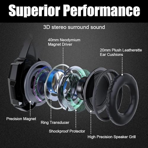 BENGOO G9000 Stereo Gaming Headset for PS4 PC Xbox One PS5 Controller, Noise Cancelling Over Ear Headphones with Mic, LED Light, Bass Surround, Soft Memory Earmuffs for Laptop Mac - Black - color: Black