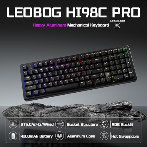 LEOBOG HI98C Pro Wireless Mechanical Gaming Aluminum Keyboard with Num Pad | Tri-Mode Wired/2.4G/BT5.0, Gasket Mount, Hot Swappable, RGB Backlit, Black Custom Creamy Keyboard for PC Gaming & Office - color: Black