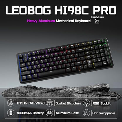 LEOBOG HI98C Pro Wireless Mechanical Gaming Aluminum Keyboard with Num Pad | Tri-Mode Wired/2.4G/BT5.0, Gasket Mount, Hot Swappable, RGB Backlit, Black Custom Creamy Keyboard for PC Gaming & Office - color: Black