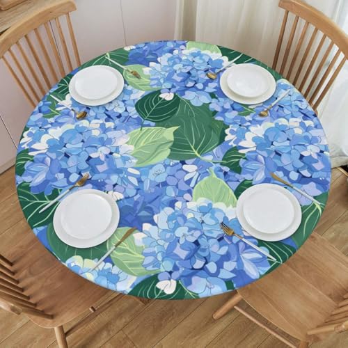 Delerain Blue Hydrangea Round Fitted Tablecloth, Waterproof Round Table Cloth with Elastic Edged Washable Table Cover for Indoor Outdoor Fits 45"-50" Tables, Medium - color: Blue Hydrangea, size: 50" (Round)