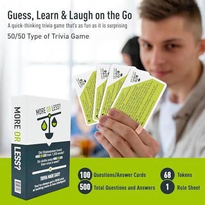 More Or Less? Trivia Card Game - Compact & Fun - Ideal for Travel, Families, Game Nights 5 Trivia Categories: Random, Places, Science & Tech, Nature and Entertainment