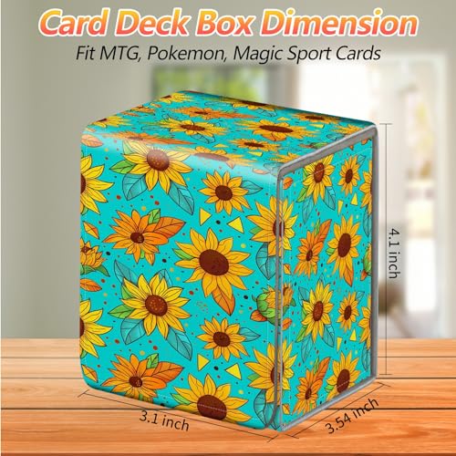 Card Deck Box, Card Storage Box Fits 100+ Single Sleeved Cards, Large Capacity PU Leather Card Storage Box with Strong Magnet for Magic Commander TCG CCG, Cartoon Sunflowers - color: Cartoon Sunflowers