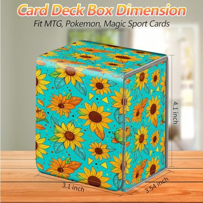 Card Deck Box, Card Storage Box Fits 100+ Single Sleeved Cards, Large Capacity PU Leather Card Storage Box with Strong Magnet for Magic Commander TCG CCG, Cartoon Sunflowers - color: Cartoon Sunflowers