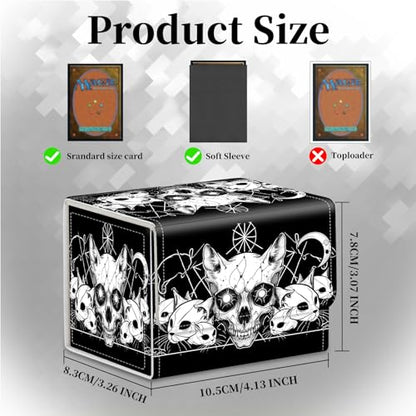 Card Deck Box for MTG,Commander,YuGiOh,Portable 100+ Card Storage Box,Magnetic Closure Durable Leather Trading Card Protector Case for TCG CCG Players & Collectors- Vector Cat Skulls
