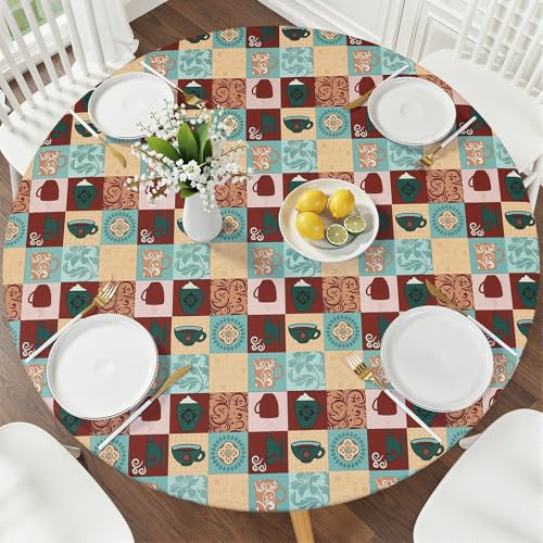 Smiry Round Picnic Tablecloth, Waterproof Elastic Fitted Table Covers for 36" - 44" Tables, Wipeable Flannel Backed Vinyl Tablecloths for Camping, Indoor, Outdoor, Coffee & Green - color: Coffee & Green, size: For Up to 36"-44" Round