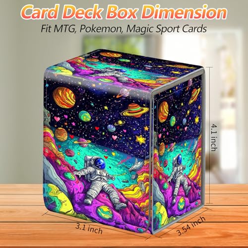 Card Deck Box, Card Storage Box Fits 100+ Single Sleeved Cards, Large Capacity PU Leather Card Storage Box with Strong Magnet for Magic Commander TCG/CCG, Floating Planets Astronauts - color: Floating Planets Astronauts