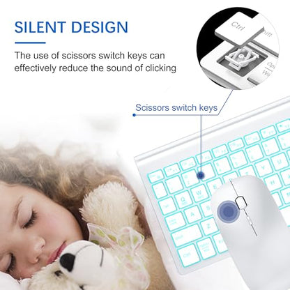 Wireless Backlit Keyboard and Mouse Ultra Slim Combo, TopMate 2.4G Silent Compact 2400DPI Mouse and Scissor Switch Keyboard Set, Batteries Included, for PC/Laptop/Windows/Mac/Gaming - BL Matte White - color: BL Matte White
