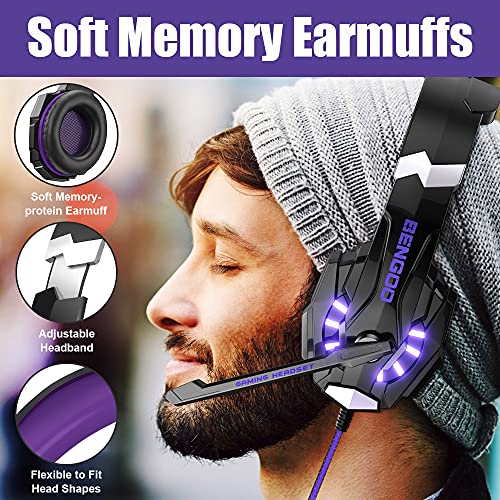 BENGOO G9000 Stereo Gaming Headset for PS5, PS4, PC, Xbox One Controller, Noise Cancelling Over Ear Headphones with Mic, LED Light, Bass Surround, Soft Memory Earmuffs - Purple - color: Purple