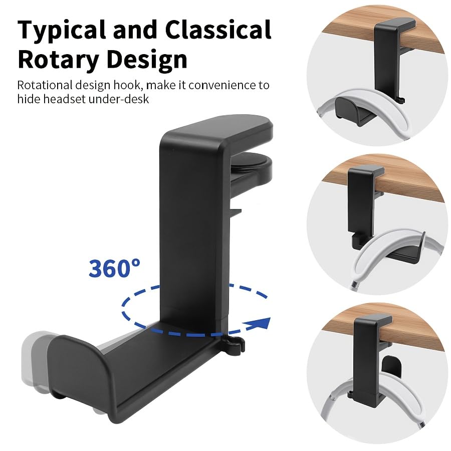 No Drill Under Desk Headphone Hanger, 360 Degree Rotatable Foldable Headset Stand Holder