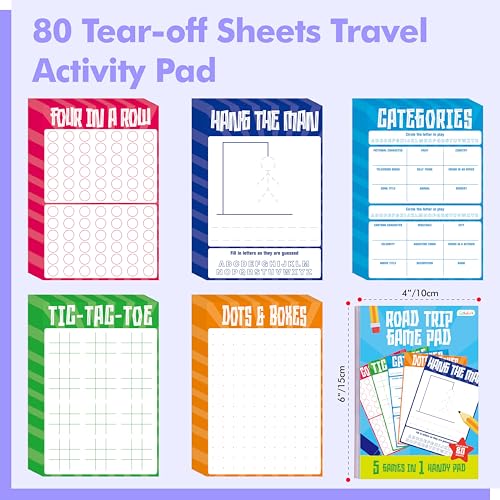 Gethelud Road Trip Game Pad, 80 Tear-Off Sheets 5 Classic Games in 1 Pad, Dots & Boxes, Tic-tac-Toe, Categories, Plane Travel, Car Trip Activity, Pen Pencil & Paper Game for Kids, Adults (4” x 6”) - style: Classic(4” x 6”)
