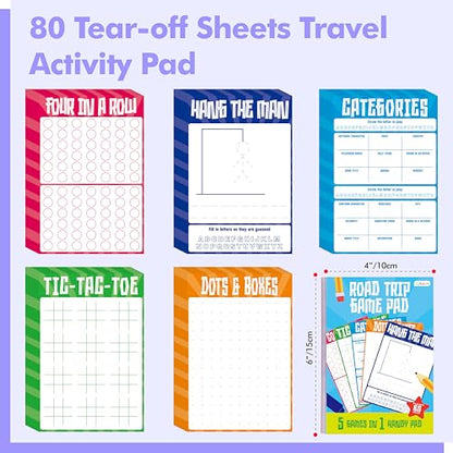 Gethelud Road Trip Game Pad, 80 Tear-Off Sheets 5 Classic Games in 1 Pad, Dots & Boxes, Tic-tac-Toe, Categories, Plane Travel, Car Trip Activity, Pen Pencil & Paper Game for Kids, Adults (4” x 6”) - style: Classic(4” x 6”)