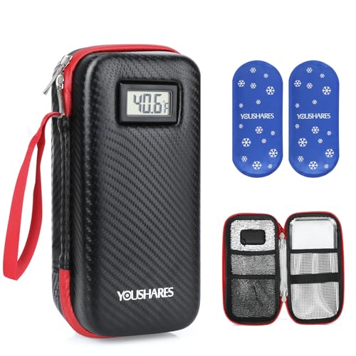 YOUSHARES Insulin Cooler Travel Case with Temperature Display, GLP-1 Diabetic Medicine Cooling Bag for Mounjaro, Refrigerated Diabetes Storage Kit with 2 TSA Approved Ice Pack - color: 00_black
