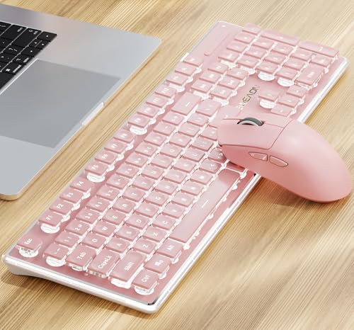 V3 Wireless Keyboard and Mouse Combo, Bluetooth/2.4G Rechargeable Light up Quiet Computer Wireless Keyboard and Mouse with White Backlit, Metal Panel-Pink - color: Upgraded Version - Pink