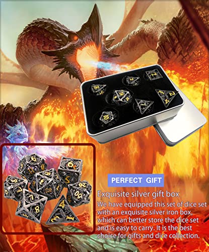 Metal DND Dice Set Dungeons and Dragon Dice Set Hollow Dragon Polyhedral Magic 7 PCS Dice Set with Gift Metal Box for Dungeons and Dragons Table Games Play Cards MTG(Dragon_Black Plus Gold) - color: Dragon_black Plus Gold