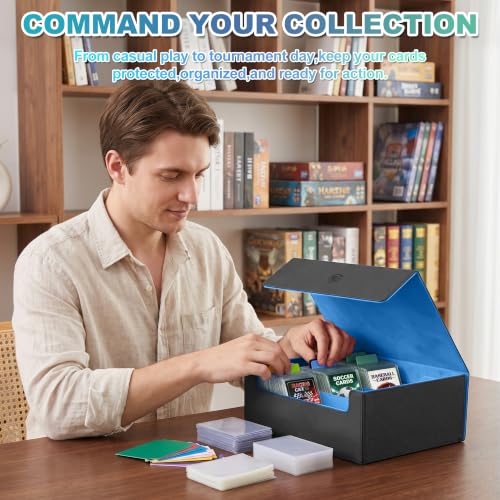 Trading Card Storage Box, Holds 1800 Sleeved Card, PU Magnetic Closure | 200 Toploaders and 600 Penny Sleeves INCLUDED, 10 Dividers and 6 Foam Stoppers INCLUDED, Fit for MTG, TCG and Sports Cards - color: Black and Blue