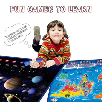 Qiaojoy Bilingual Interactive World Map for Kids Learning and Educational Toys, Talking Electronic Kids World Map i-Poster Geography Games Ages 3 to 12 Years Old, Custom Talking Birthday Gifts Card - style: World Map& Space Poster