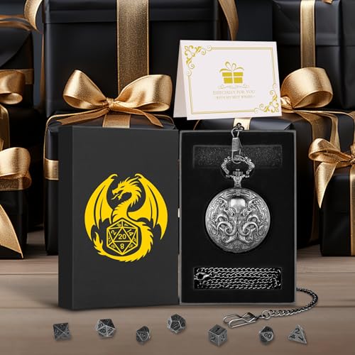 Mini DND Dice Set with Steampunk Double Eyed Octopus Pocket Watch Case, Tiny 7PCS Polyhedral Metal D&D Dice, DND Gifts with Gift Box, Role Playing Game Board Game Accessories Dice, Dark Silver - color: Dark Silver