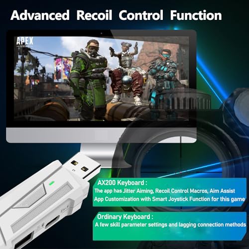 AX200 PC Mouse and Gaming Keyboard Adapter for Computer, Support Key Mapping, Aim Assist, Recoil Control, Smart Joystick Function, 1000Hz Reporting Rate, TPS, FPS, Perfect for APEX, COD Games