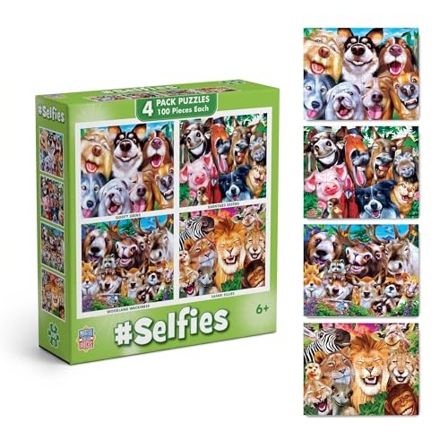 MasterPieces – Jigsaw Puzzle Set for Kids 6+ Years, 4-Pack of 100 Pieces, Educational and Fun Game, Silly Animals Collection, Gift Idea for Children, 8" x 10" - style: Selfies