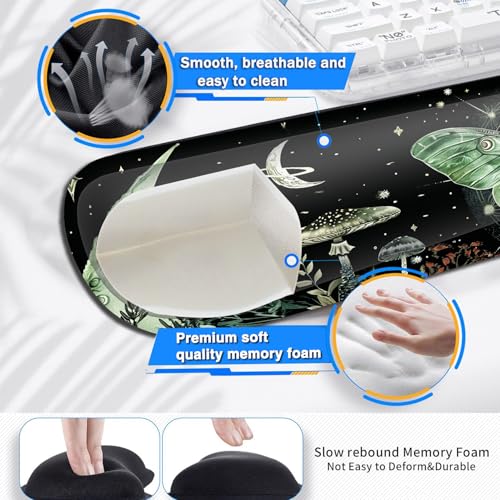 Large Gaming Mouse Pad+ Keyboard Wrist Rest Set, Ergonomics Memory Foam Mouse Mat Wrist Rest Support for Home Office, Waterproof Extended Mousepad 31.5x11.8in, Green Moth Mushroom Black Desk Pad - color: Yvb-mousepad-9-f-159