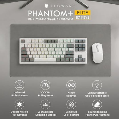 TECWARE Phantom+ Elite 87 Key RGB Mechanical Gaming Keyboard | 3-Mode Wireless Bluetooth 5.0, 2.4GHz & USB-C Wired | Hot-Swappable 5-Pin | Double-Shot PBT Keycaps | Wraith Brown Switch - White - color: Brown Switch, size: Phantom+ Elite 87 | White