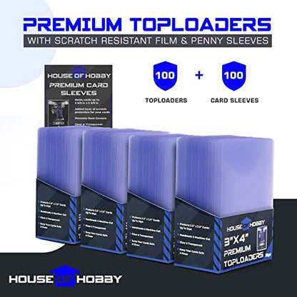 200pc Top Loaders for Cards and Penny Sleeves Bundle - Hard Plastic Card Sleeve, Trading Card Protectors, Yugioh & Baseball Card Sleeves - 100 Trading Card Top Loaders & 100 Penny Sleeves - size: 100 Toploaders + 100 Sleeves Bundle (200pc)