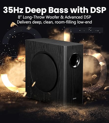 Edifier T5s Powered Active Subwoofer with 70W RMS, 8" Long-Throw Woofer, Deep Bass (35Hz) Speaker, Built-in Amp, Low Distortion, Phase Selector & Energy-Efficient for Home & Studio Audio, Black - color: Black