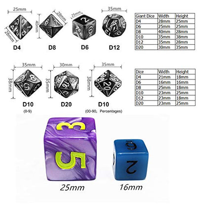 Dice- DND Polyhedral Dice Set 25mm Giant Dice for Dungeons and Dragons D&D Pathfinder RPG MTG Role Playing Dice with Dice Bag (Purple)