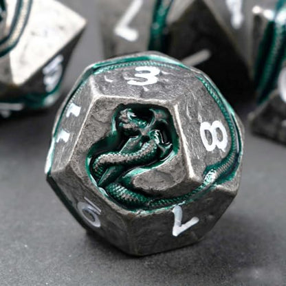 Serpent’s Cunning Metal DND Dice Set, 7 Piece Weighted Polyhedral Dice for Dungeons and Dragons, Balanced RPG Dice with Storage Case for Pathfinder Tabletop Games - color: Ancient Silver