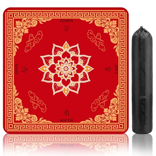 Red Mahjong Mat for Table (31.5 X31.5 in), Non-Slip Noise Reduction | Red Lotus Mahjong Table Mat, Mah Jong Mat with Carrying Bag, Game Table Cover for Mahjongs Poker Dominoes, Christmas Gift - color: Corneredflower