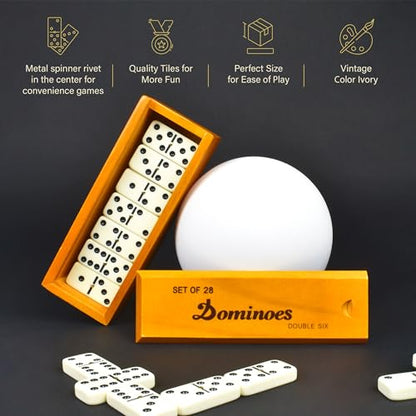 Queensell Dominos Set for Adults, Double 6 Dominoes Set with 28 Tiles in Wooden Case, Classic Dominoes, Family Board Game for Kids & Adults, Travel Game for Family Game Night, Juegos de Mesa - style: Medium