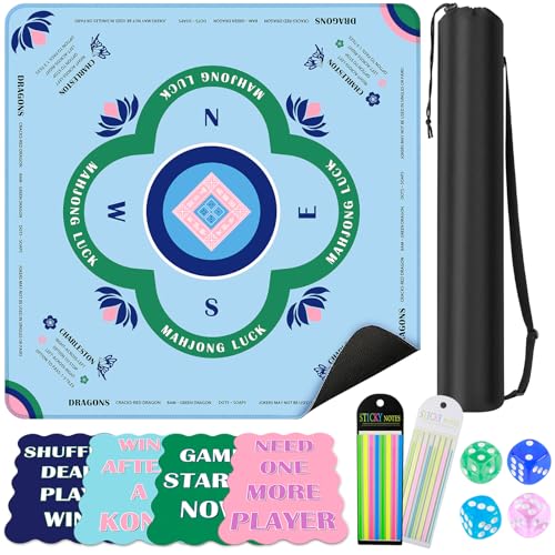 Mahjong Mat Set, Anti-Slip Noise Reduction Gaming Mat for American Mahjong, 32.28x32.28 Inch Waterproof Game Table Cover Kit with Carrying Bag, Mahjong Tile Shuffler Cards & Dice & Card Line Finder