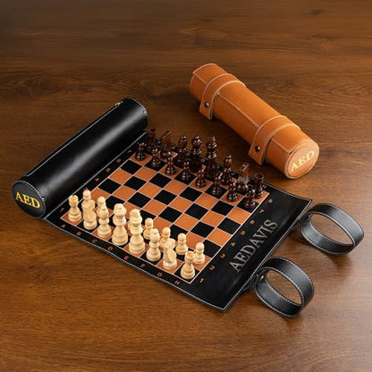 Personalized Magnetic Travel Chess Set Roll-Up Board Game, Custom Wooden Chess Set with 32 Magnetic Pieces, PU Leather Portable Chess Board for Adults, Travel & Gift for Men, Family Game Night